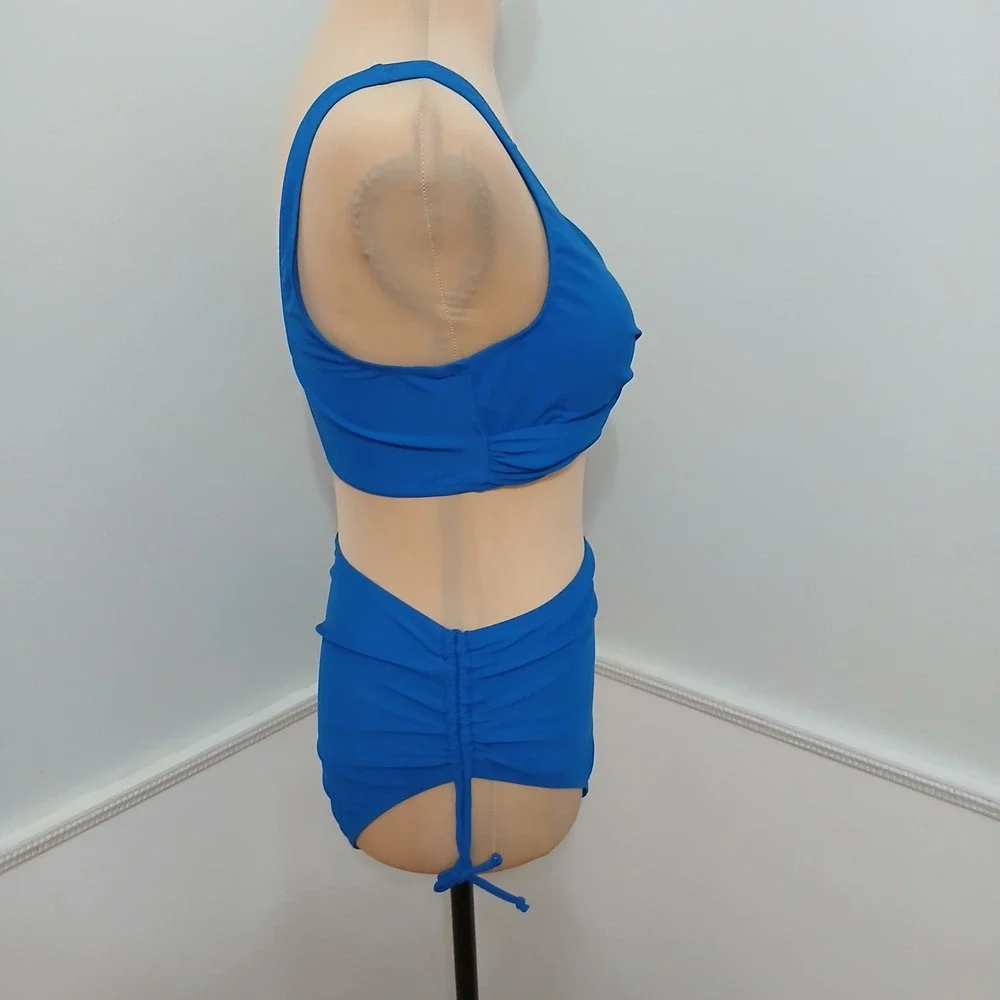 Blue High Waisted Bikini Set Crossover V-Neck Ruched Side Tie Swimsuit Medium‎